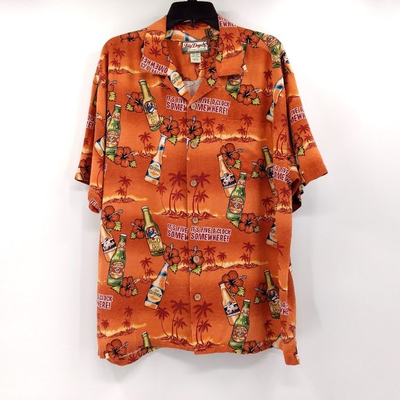 BIG DOGS Shirt L Orange Silk Floral It's 5 O'clock Somewhere Button Short Sleeve - Picture 1 of 13